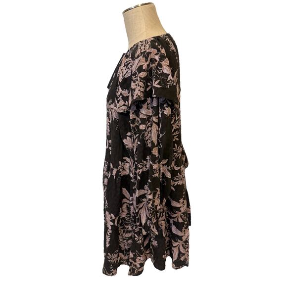 Free People Floral Mini Dress XS Black Pink Boho Peasant Tunic Long Sleeve - Picture 10 of 12